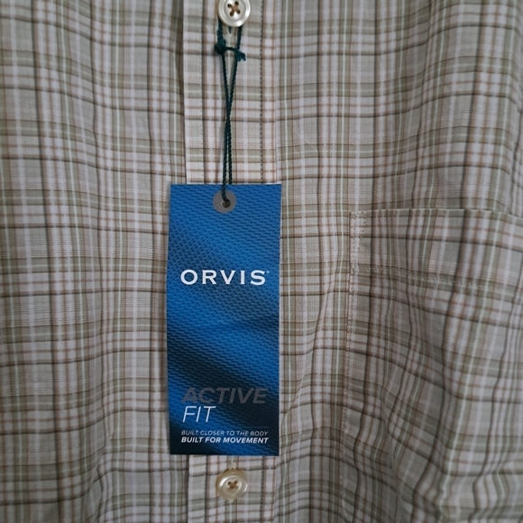 ORVIS Active Fit check shirt oatmeal green brown neutral cotton button down M - Picture 3 of 9